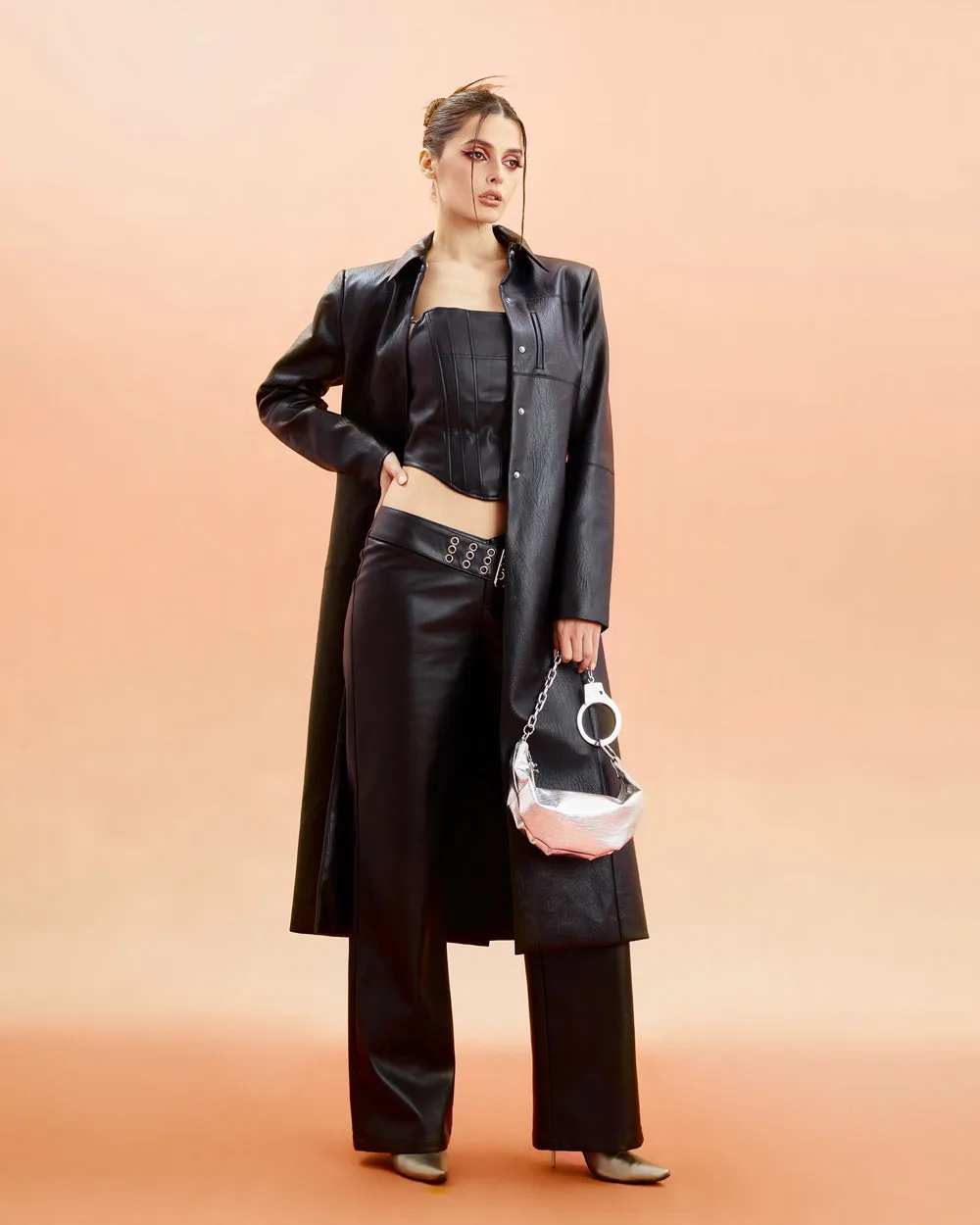 Unicorn Blood Solid Color Black Faux Leather Long Sleeve Button Up Long Coat