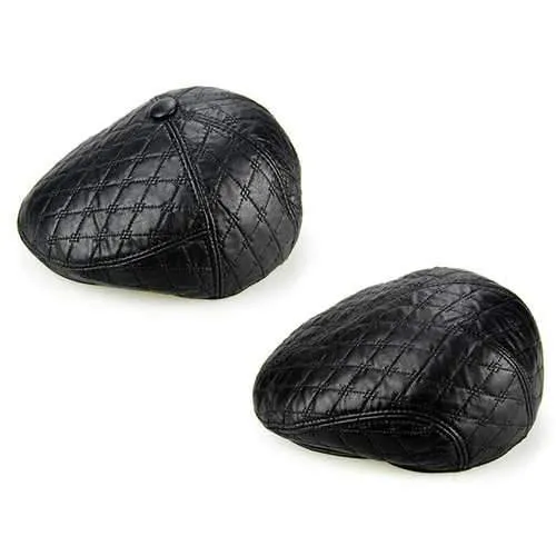 Unisex PU Leather Earflap Ear Muff Beret Hat Blank Embossed Plush Lining Paper Boy Cabbie Hat