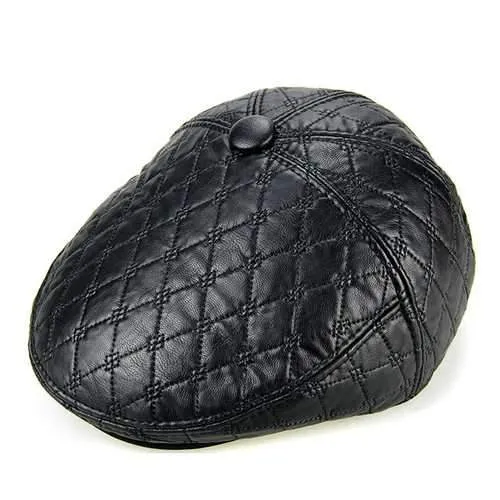 Unisex PU Leather Earflap Ear Muff Beret Hat Blank Embossed Plush Lining Paper Boy Cabbie Hat
