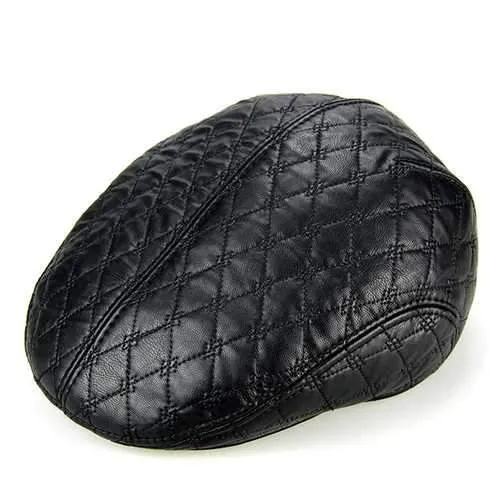 Unisex PU Leather Earflap Ear Muff Beret Hat Blank Embossed Plush Lining Paper Boy Cabbie Hat