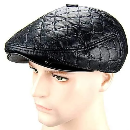 Unisex PU Leather Earflap Ear Muff Beret Hat Blank Embossed Plush Lining Paper Boy Cabbie Hat