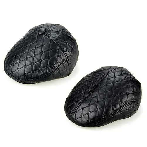 Unisex PU Leather Earflap Ear Muff Beret Hat Blank Embossed Plush Lining Paper Boy Cabbie Hat