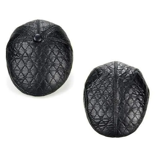 Unisex PU Leather Earflap Ear Muff Beret Hat Blank Embossed Plush Lining Paper Boy Cabbie Hat
