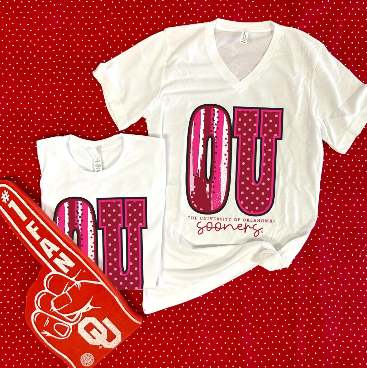 UNIV. OF OK 2024: OU Bold Mixed Patterns (BELLA CANVAS VNECK)