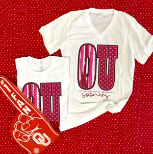 UNIV. OF OK 2024: OU Bold Mixed Patterns (BELLA CANVAS VNECK)