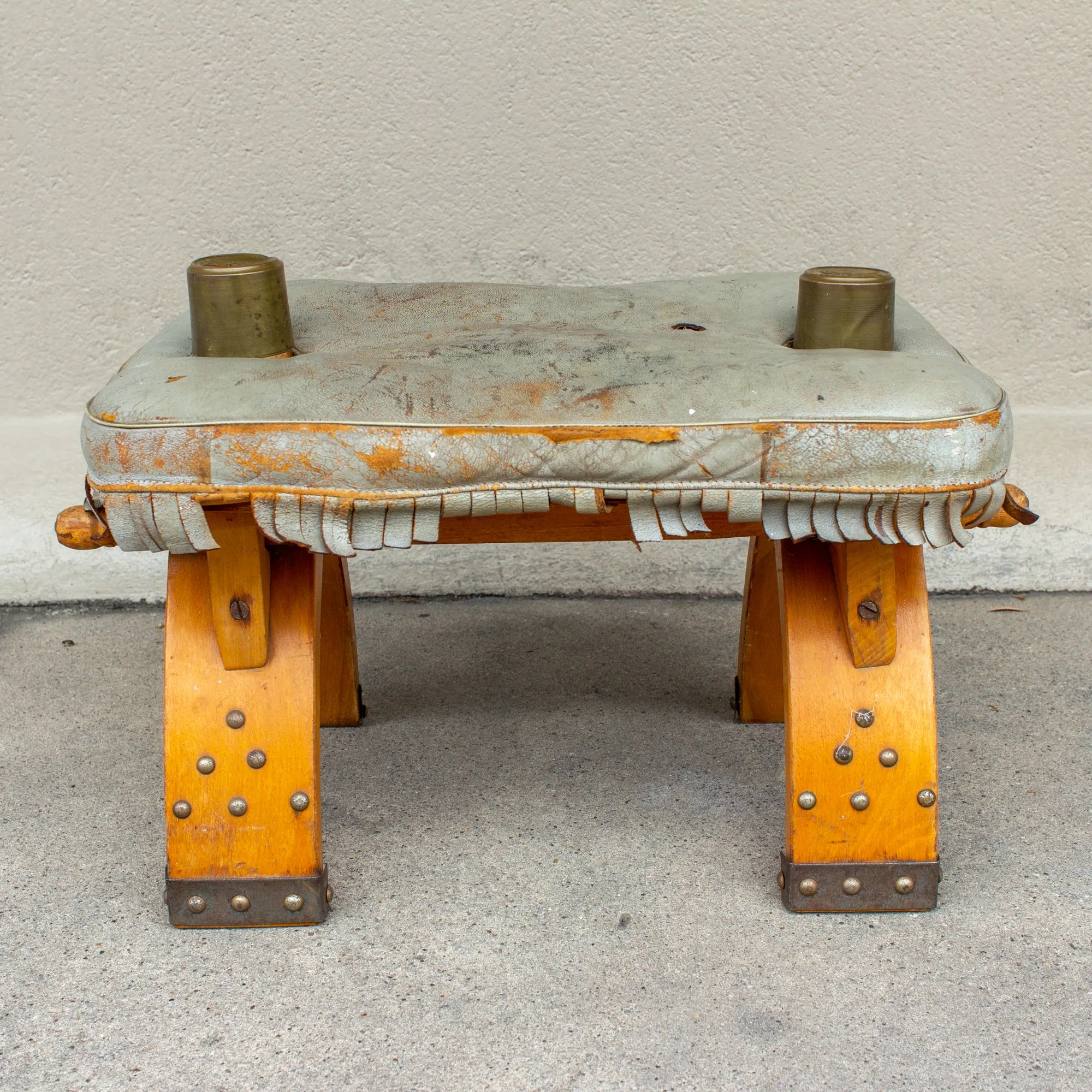 Vintage Egyptian Wood Camel Saddle Foot Stool w/ Leather Cushion & Brass Detail