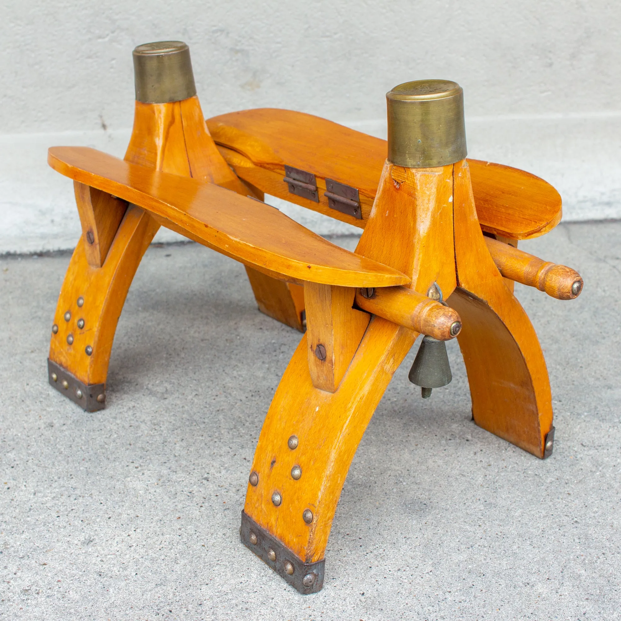 Vintage Egyptian Wood Camel Saddle Foot Stool w/ Leather Cushion & Brass Detail