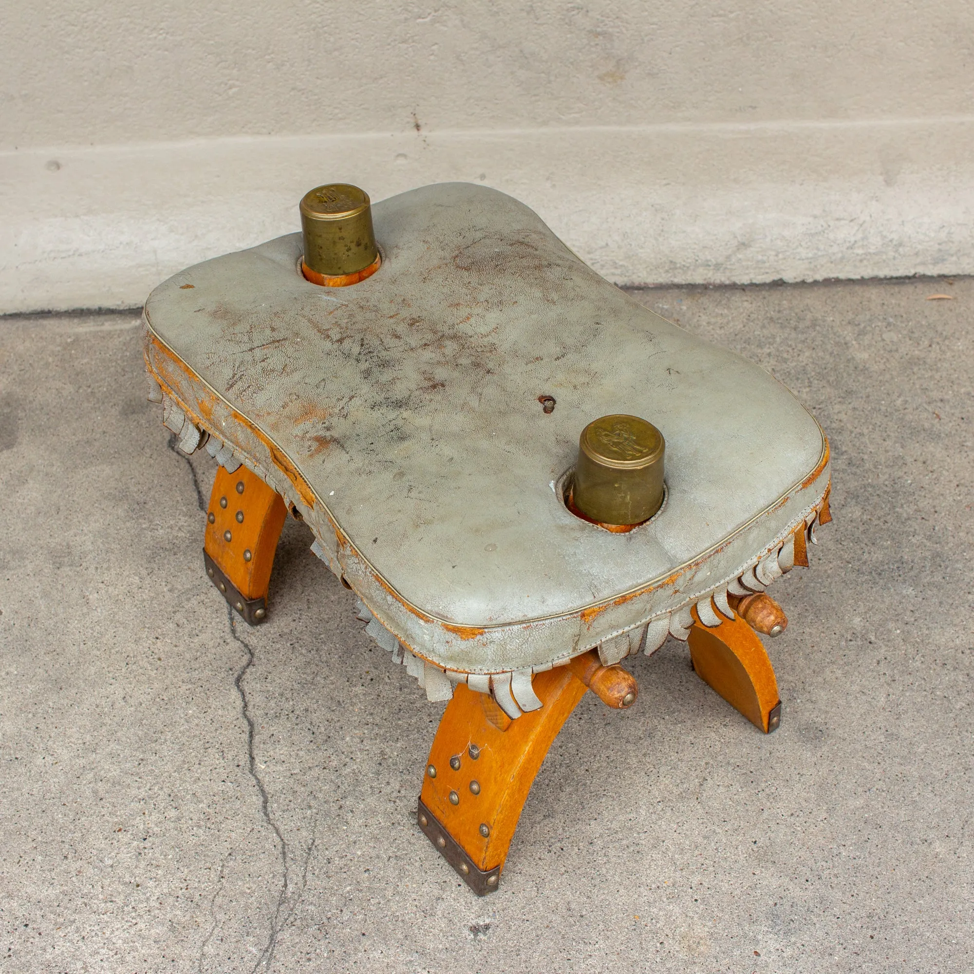 Vintage Egyptian Wood Camel Saddle Foot Stool w/ Leather Cushion & Brass Detail