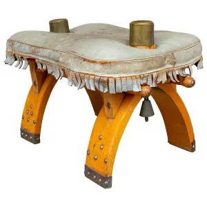 Vintage Egyptian Wood Camel Saddle Foot Stool w/ Leather Cushion & Brass Detail