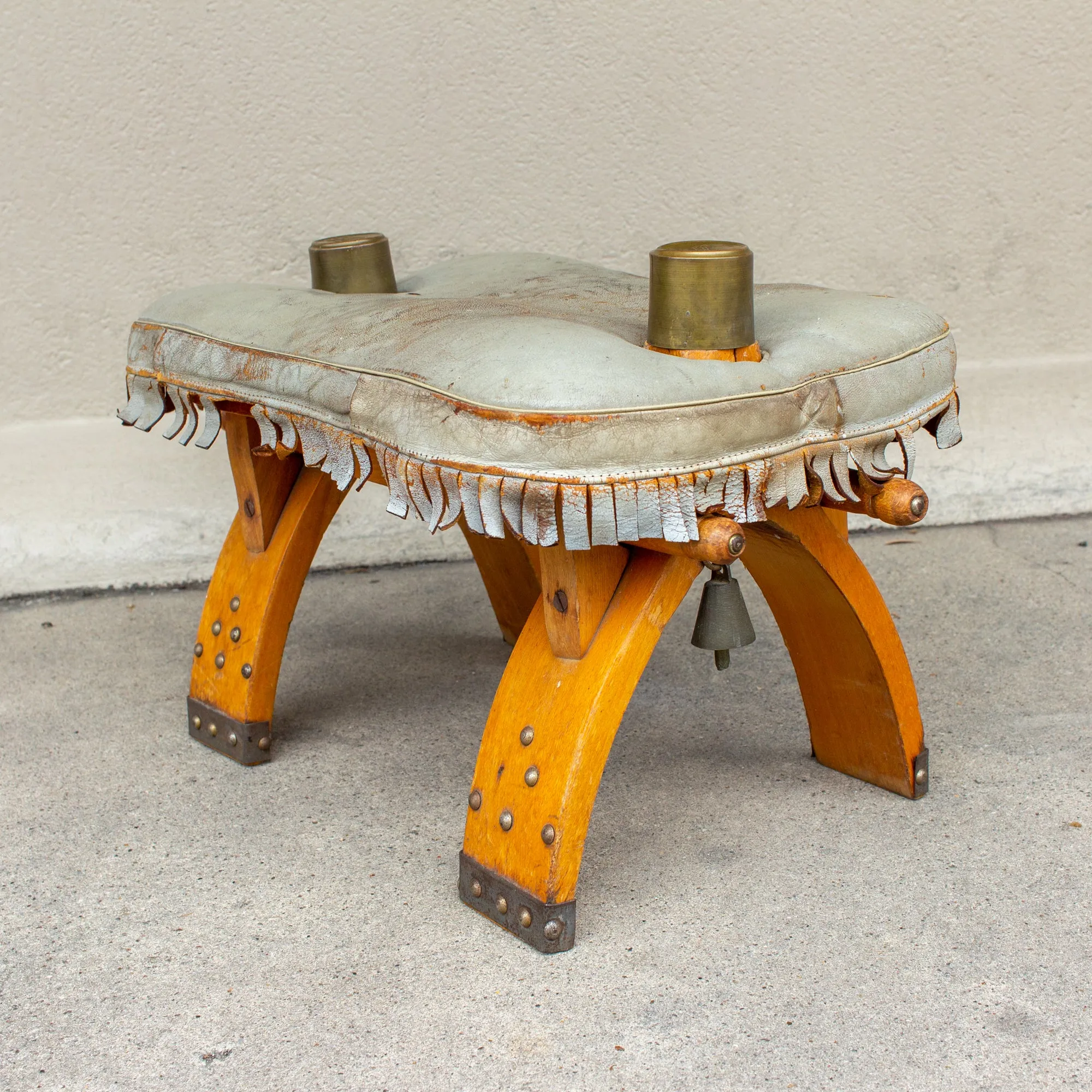 Vintage Egyptian Wood Camel Saddle Foot Stool w/ Leather Cushion & Brass Detail