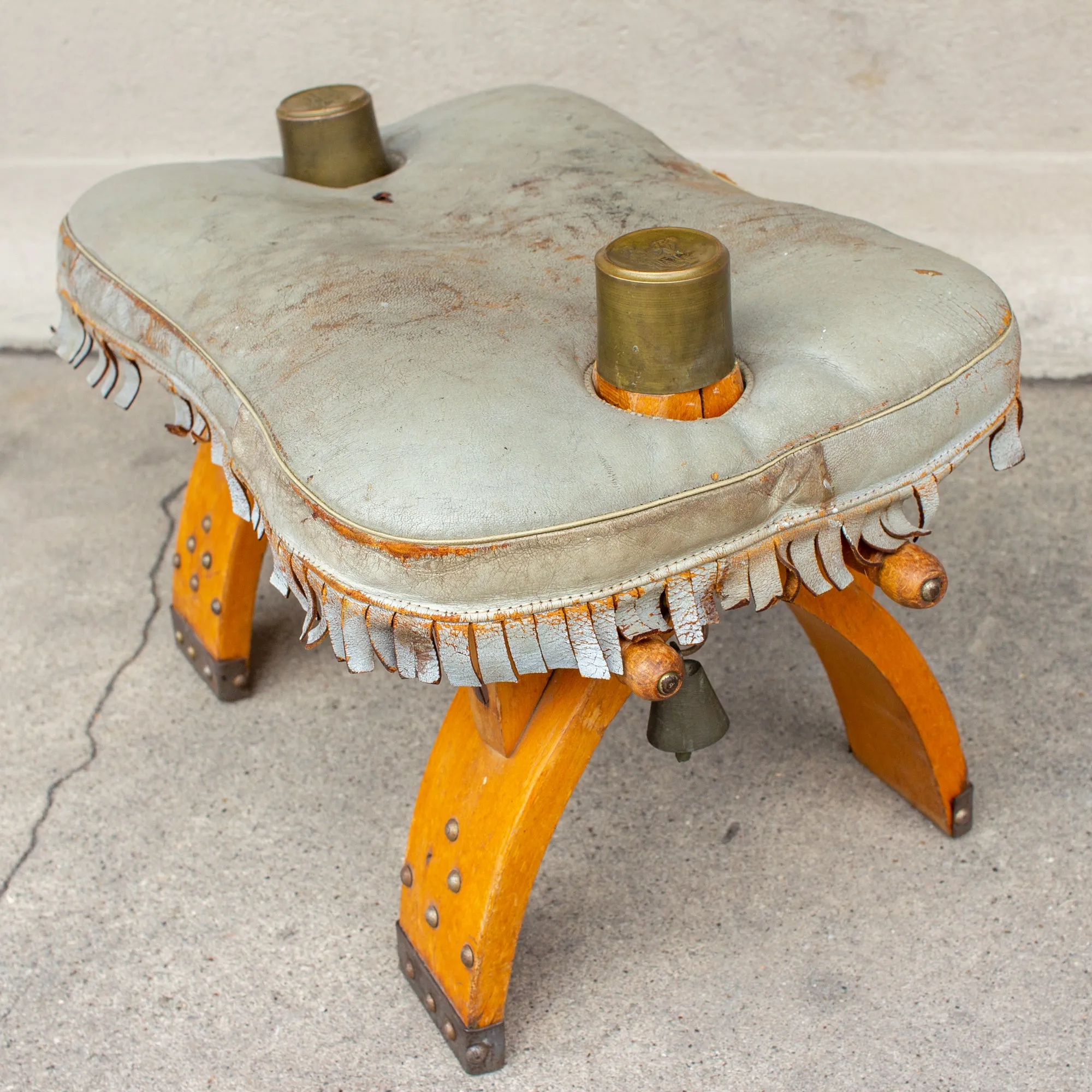 Vintage Egyptian Wood Camel Saddle Foot Stool w/ Leather Cushion & Brass Detail