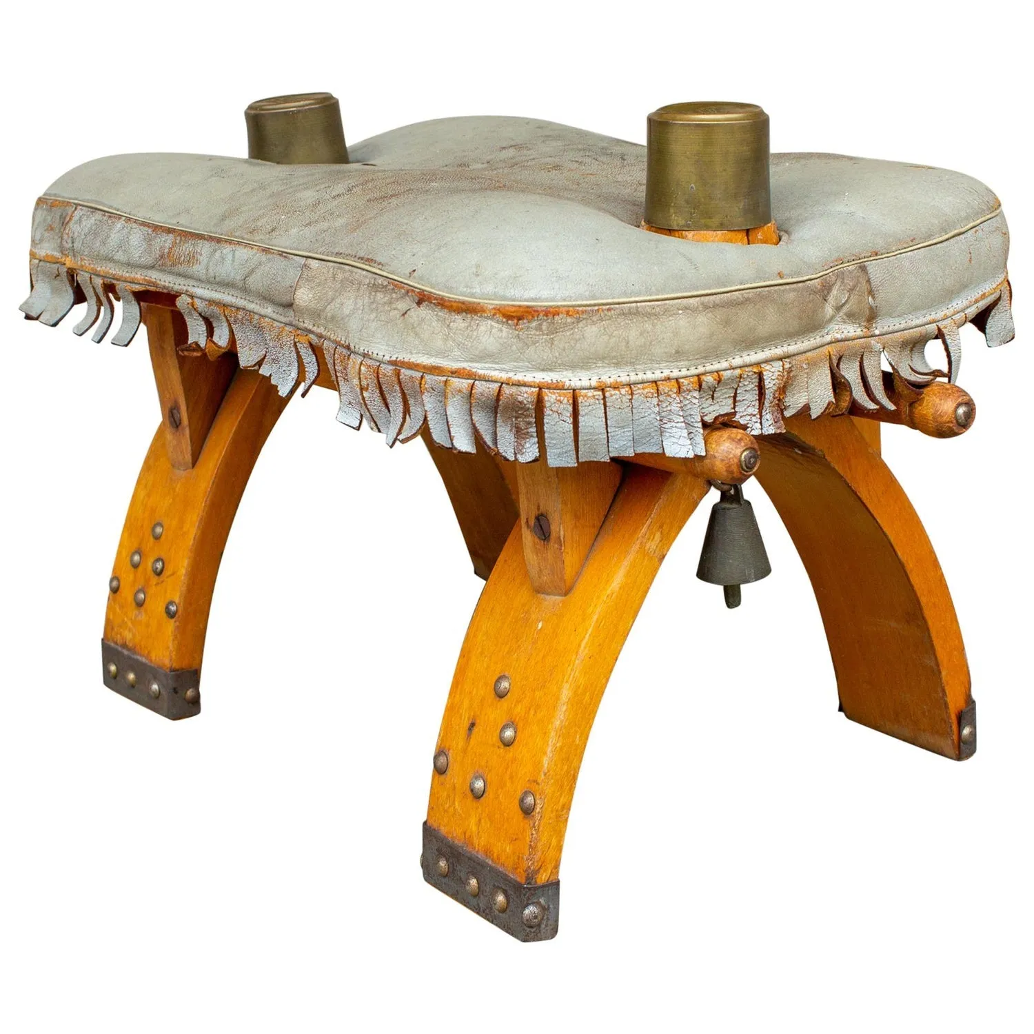 Vintage Egyptian Wood Camel Saddle Foot Stool w/ Leather Cushion & Brass Detail