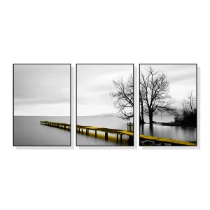 Wall Art 100cmx150cm Calm Lake Bridge Tree Scene 3 Sets Black Frame Canvas