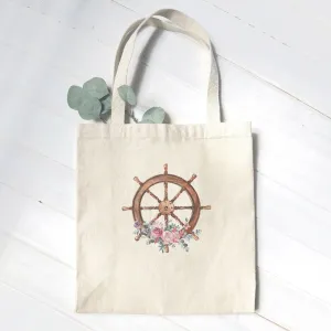Watercolor Floral Ship Wheel - Canvas Tote Bag