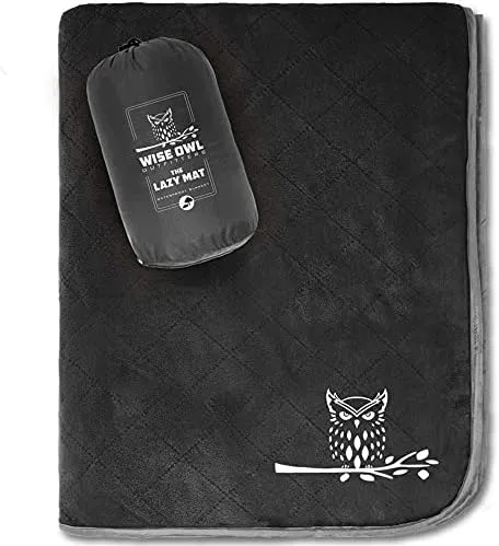 Wise Owl Outfitters Nylon Camping Blanket - Packable & Waterproof Warm Camping Quilt - Outdoor Blanket for Stadium, Backpacking, Camping, Travel, and Hiking - Black Grey, Large