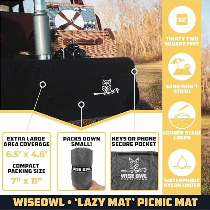 Wise Owl Outfitters Nylon Camping Blanket - Packable & Waterproof Warm Camping Quilt - Outdoor Blanket for Stadium, Backpacking, Camping, Travel, and Hiking - Black Grey, Large