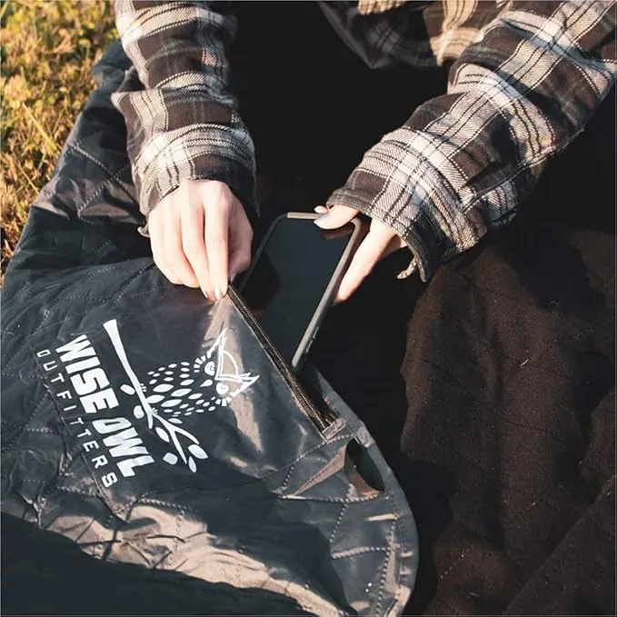 Wise Owl Outfitters Nylon Camping Blanket - Packable & Waterproof Warm Camping Quilt - Outdoor Blanket for Stadium, Backpacking, Camping, Travel, and Hiking - Black Grey, Large