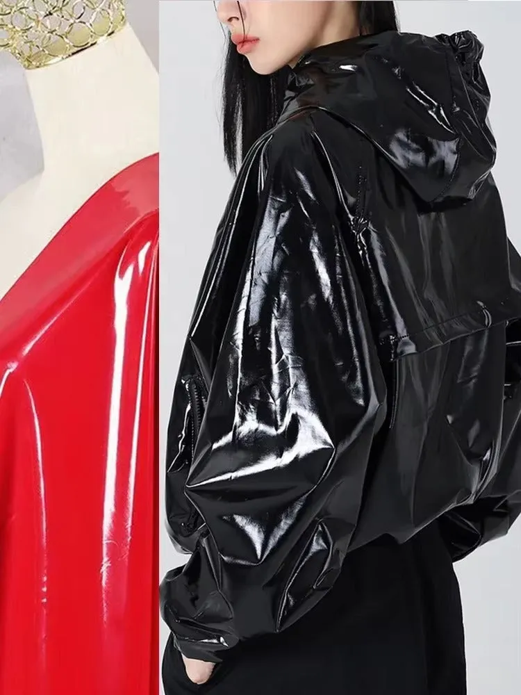 Women™s Shiny Faux Leather Hooded Flight Jacket - Waterproof, Glossy Finish