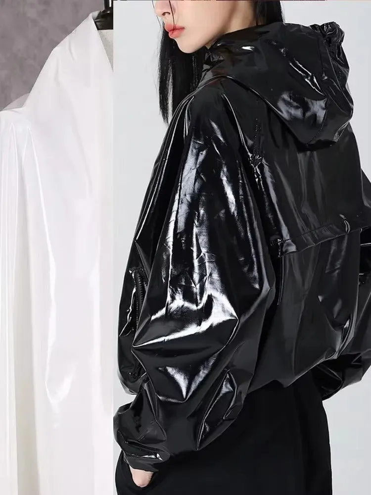 Women™s Shiny Faux Leather Hooded Flight Jacket - Waterproof, Glossy Finish