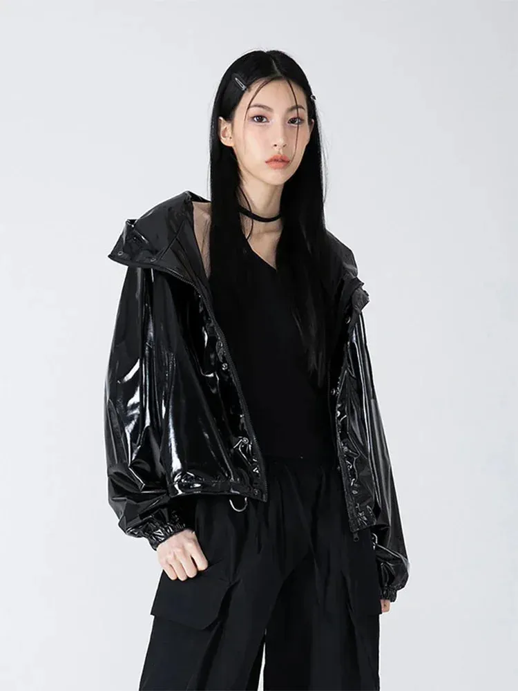 Women™s Shiny Faux Leather Hooded Flight Jacket - Waterproof, Glossy Finish
