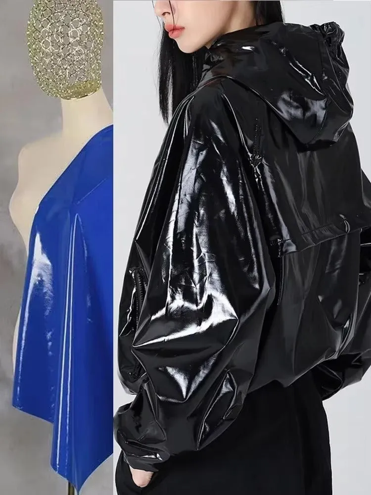 Women™s Shiny Faux Leather Hooded Flight Jacket - Waterproof, Glossy Finish