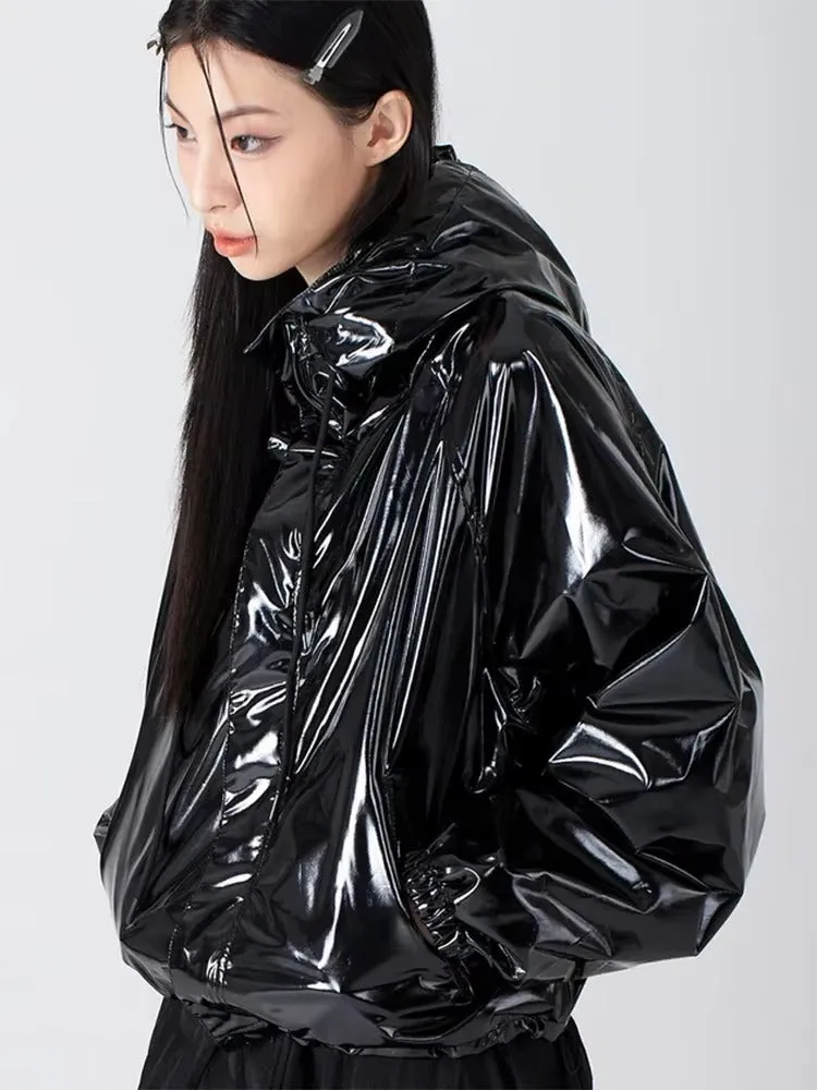 Women™s Shiny Faux Leather Hooded Flight Jacket - Waterproof, Glossy Finish