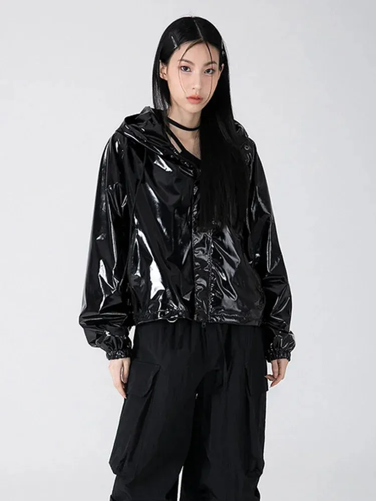 Women™s Shiny Faux Leather Hooded Flight Jacket - Waterproof, Glossy Finish