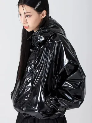 Women™s Shiny Faux Leather Hooded Flight Jacket - Waterproof, Glossy Finish
