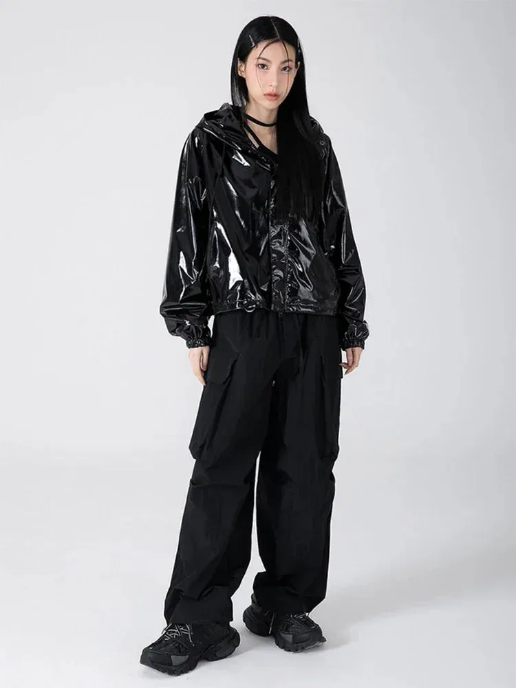 Women™s Shiny Faux Leather Hooded Flight Jacket - Waterproof, Glossy Finish