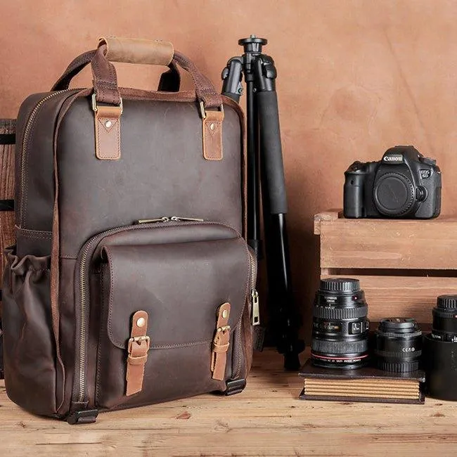 Woosir Vintage Leather Camera Backpack Fit Laptop